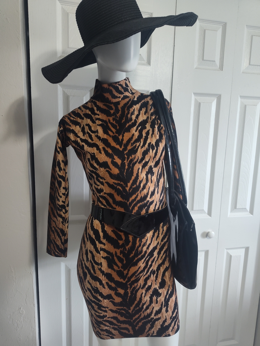 American Apparel Tiger-Print Mock Neck Mini Dress - Black & Brown